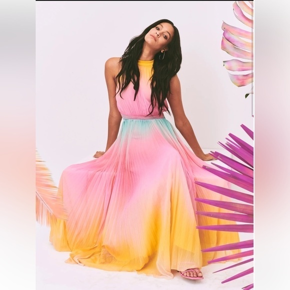 Rococo Sand Maxi dress women M Zale Halter Pink Multicolor Vacation Tropical - Picture 2 of 13